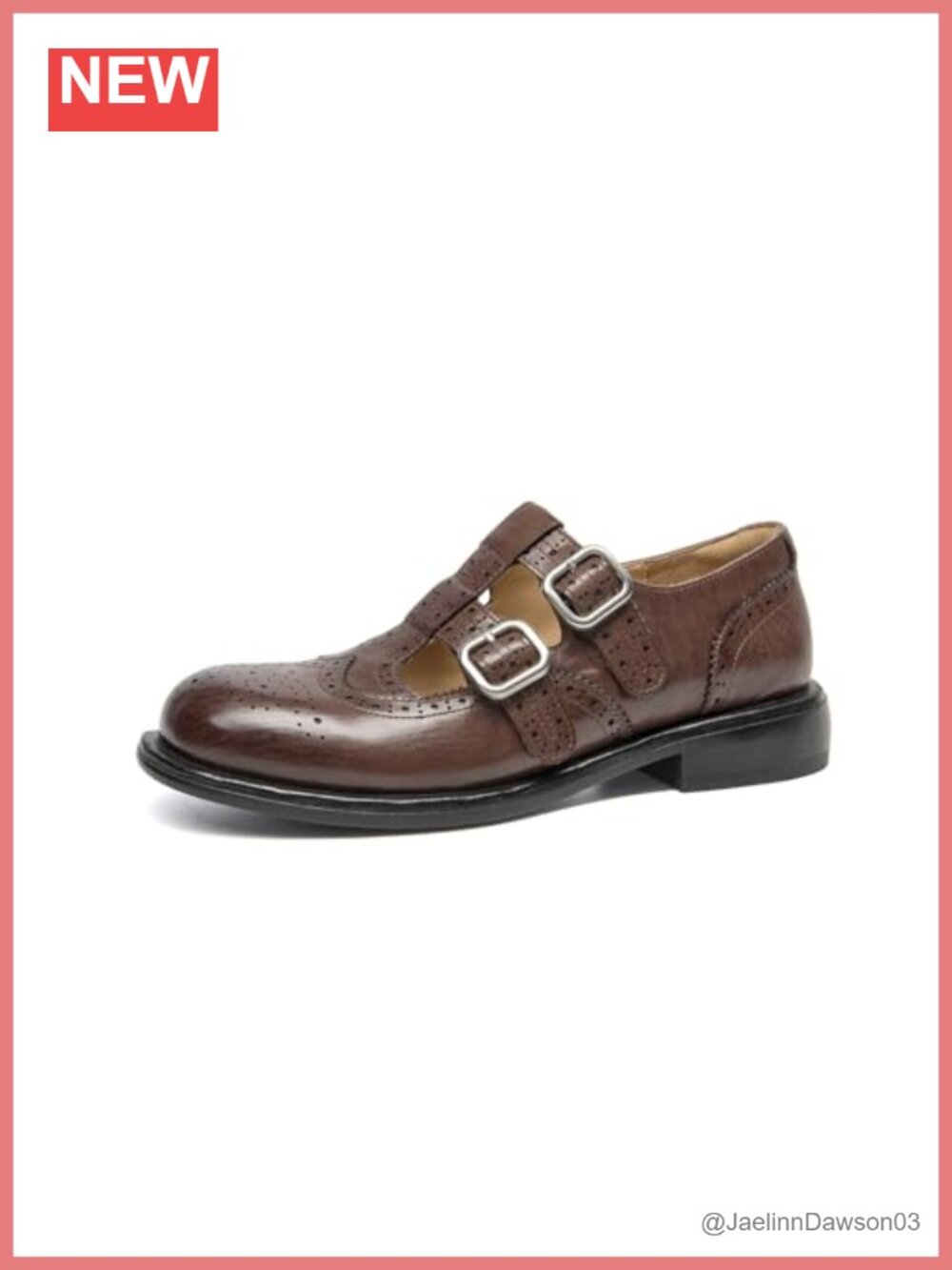 Women's Leather T-Strap Mary Jane Oxford Brogue Flats Double Buckle Office